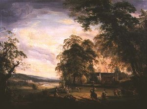 Näkymä Arundelin linnaan, jossa maalaiskansa iloitsee maalaistalon luona. tekijältä Paul Sandby