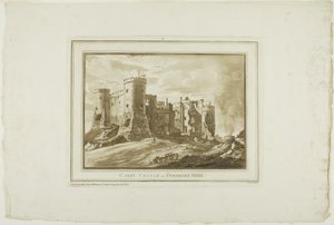 Carey Castle Pembroke Shiressa, Aquatintan Twelve Views -kuvasta Etelä-Walesin paikan päällä tehdyistä piirustuksista tekijältä Paul Sandby