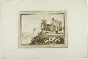 Manorbier Castle Pembrokeshiressä, Aquatintan Twelve Viewsista Etelä-Walesin paikan päällä tehdyistä piirustuksista tekijältä Paul Sandby