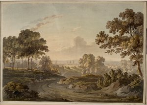 Oxford [grafiikka]. Paimen paimen lampaita tiellä kohti Oxfordia, joka näkyy auringonlaskun hehkun valaisemassa horisontissa. tekijältä Paul Sandby