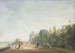 Windsorin linna: Pohjoinen terassi itään katsoen, tyylikkäillä hahmoilla, 1803 tekijältä Paul Sandby