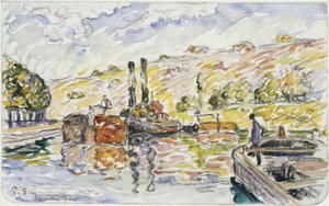 Jokimaisema hinaajineen ja proomuineen tekijältä Paul Signac