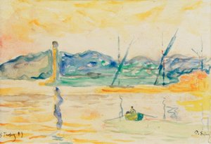 Sisäänkäynti Saint-Tropezin satamaan auringonlaskun aikaan tekijältä Paul Signac