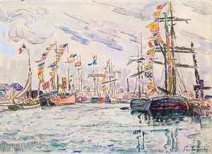 Purjeveneet juhlalipuilla Saint-Malon laiturilla 1920-luvulla. tekijältä Paul Signac