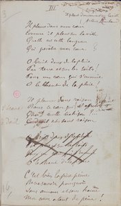 "Hän itkee sydämessäni, kun sataa kaupunkiin...", Käsinkirjoitettu runo "Romances Sans Paroles", 1873 (kynä ja muste paperille)