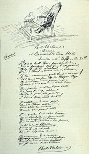 Ranskalaisen runoilijan Paul Verlainen (1844-1896) runokyltti, jossa on luonnos edustajasta lukemisen aikana. 21/11/1893