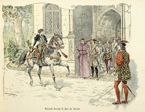 Kuva otettu Theodore Cahun kirjasta "Histoire du chevalier Bayard", kuvittanut Paul De Semant (1855-1915): Bayard 11-vuotias ennen Savoyn herttua 1486