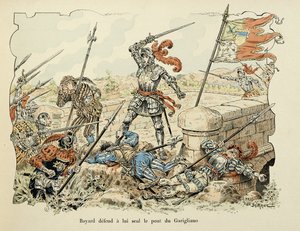 Kuvitus otettu Theodore Cahun kirjasta "Histoire du chevalier Bayard", kuvittanut Paul De Semant (1855-1915): Bayard puolustaa vain Gariglianon siltaa 1504 tekijältä Paul de Semant