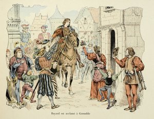 Kuvitus otettu Theodore Cahun kirjasta "Histoire du chevalier Bayard", kuvittanut Paul De Semant (1855-1915): Bayardin suosiota Grenoblessa tekijältä Paul de Semant
