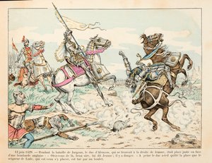 Kuva otettu Theodore Cahun kirjasta "" Jeanne of Arc " ja kuvittanut Paul De Semant (1855-1915): 12. kesäkuuta 1429 Luden herra tappaa pallolla Jargeaun taistelun aikana ennen Jeanne d