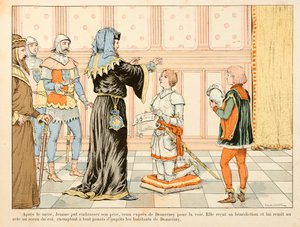 Kuvitus otettu Theodore Cahun kirjasta "" Jeanne of Arc "" ja kuvittanut Paul De Semant (1855-1915): Kuninkaan kruunauksen jälkeen Jeanne tapaa isänsä, saa tämän siunauksen ja esittelee hänelle kuninkaan teon. vapauttaa asukkaat