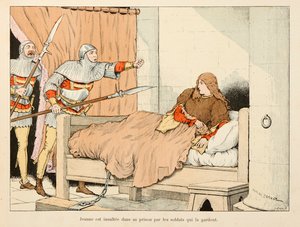 Kuvitus otettu Theodore Cahun kirjasta "" Jeanne of Arc "" ja kuvittanut Paul De Semant (1855-1915): Sotilaat loukkasivat Jeanne of Arcia hänen vankilassaan tekijältä Paul de Semant