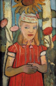 Tyttö punaisessa mekossa auringonkukan edessä, 1907. tekijältä Paula Modersohn Becker