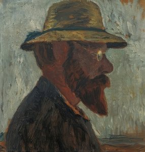 Otto Modersohn olkihattu profiilissa oikealla. Noin 1905 tekijältä Paula Modersohn Becker