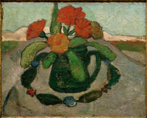 Asetelma, jossa kehäkukkia maiseman edessä tekijältä Paula Modersohn Becker