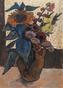 Asetelma auringonkukkien, salkoruusujen ja georgiinien kanssa. 1907 tekijältä Paula Modersohn Becker