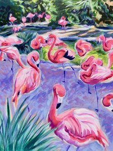 Vaaleanpunaiset flamingot trooppisessa maisemassa