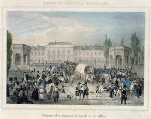 Porte de Louvain, Bryssel: Hollantilaisten joukkojen vetäytyminen, 27. syyskuuta 1830, kaiverrus Dewasme-Pletinckx
