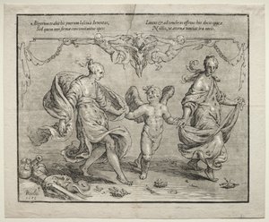 Amor tanssii kahden allegorisen naisen kanssa, 1612. tekijältä Paulus Moreelse