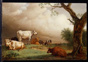 Karjaa pellolla, matkustajia vaunussa radalla ja kirkon torni kaukana, sademyrsky lähestyy, 1652 tekijältä Paulus Potter