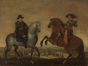 Prinssit Maurits ja Frederik Hendrik hevosen selässä tekijältä Pauwels van Hillegaert (workshop of)
