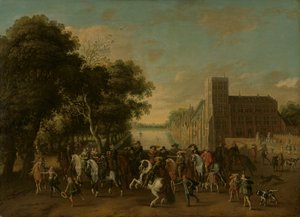 El príncep Maurits, acompanyat pel príncep Frederik Hendrik, Frederic V de Bohèmia i la seva esposa Elisabet Estuardo, i altres, al Buitenhof, The Haguefinnish