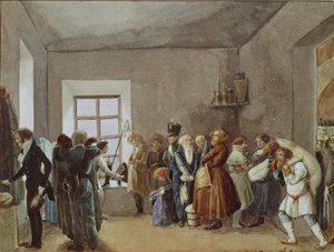 Poliisikomissaarien vastaanottohuone lomaa edeltävänä iltana, 1837 tekijältä Pavel Andreevich Fedotov