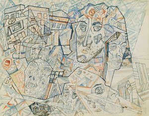 Kasvot kaupungissa, n. 1925 (akvarelli ja kynä ja muste paperille) tekijältä Pawel Nikolajewitsch Filonow