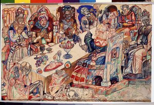 ""Kuninkaiden juhla"" Pavel Nikolajevitš Filonovin (1883-1941) akvarelli ja kynä, noin 1912 Pietarin valtion venäläinen museo tekijältä Pawel Nikolajewitsch Filonow