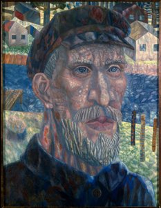 Kolhoosin jäsen. (Kolhoosin jäsen). Muotokuva Neuvostoliiton maanviljelijästä kollektivisointipolitiikan aikana Jossif Stalinin (Stalinin) hallituksen (Joseph Vissarionovich Djougachvili dit) (1879-1953) johtamana vuosina 1928-1940. Maalaus tekijältä Pawel Nikolajewitsch Filonow