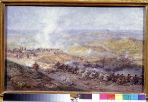 Kohtaus Venäjän Turkin sodasta (1876-1878) (Scene of the Russian Turkish War). Taistelukenttä Balkanilla, jossa Venäjän armeijan ja Ottomaanien valtakunnan sotilaat kohtaavat Plevenin (tai Plevnan, Bulgarian) piirityksen aikana vuonna 1877. Maalaus