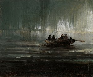 Revontulet neljän miehen yllä soutuveneessä tekijältä Peder Balke