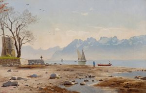 Genfer See mit Tour Haldimand / Gemälde von P.Mönsted tekijältä Peder Monsted