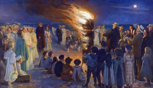 Veillee de Saint Jean sur la plage de Skagen (Tanska) - Juhannusaaton kokko Skagenin rannalla, kirjoittanut Kroyer, Peder Severin (1851-1909). Öljy kankaalle. Mitat: 149,5x257 cm. Skagensin museo tekijältä Peder Severin Krøyer