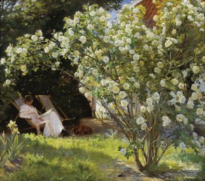 Ruusut. Marie Krøyer istui aurinkotuolissa puutarhassa rouva Bendsenin talon luona tekijältä Peder Severin Krøyer