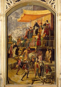 Inkvisitio "" Autodafe johtaa Saint Dominica de Guzman (1170-1221), dominikaanisen ritarikunnan perustaja"" Pedro Berrugueten (1450-1504) maalaus puulle 1495 su. 1,54 x 0,92 m Madrid, Musee du Prado