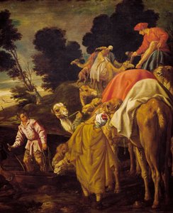 Kamelikaravaani, yksityiskohta Rebeccasta, joka antoi Eliezerin juoda kaivossa, maalaus Pedro Orrente (noin 1580-1645), Espanja