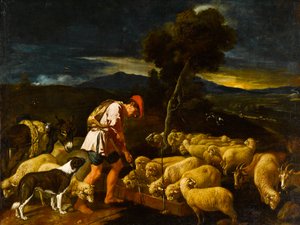 Jaakob juottaa Labansin lampaita kuorittujen oksien edessä, noin 1612-1622.