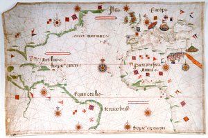 Atlantin valtameren, Välimeren ja Mustanmeren portulalainen merikartta, noin 1535 (pergamentti, paperi). tekijältä Pedro Reinel