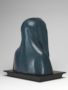 Neitsyt Mater Dolorosa (polykromattua puuta, lasia ja eläimenkarvaa).