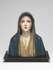 Neitsyt Mater Dolorosa (polykromattua puuta, lasia ja eläimenkarvaa).