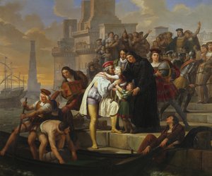Christopher Columbus syleilee kahta poikaansa ja suosittelee heitä isä Giovanni Perezille ennen kuin lähtee Paloksesta matkalle Amerikkaan tekijältä Pelagio Palagi