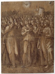 Pyhä Ursula marttyyrikuolemien neitsyiden kanssa (kynä ja ruskea muste, korostettu valkoisella vartalovärillä ruskeaksi pestyllä paperilla) tekijältä Pellegrino (c.1460 1523) Aretusi