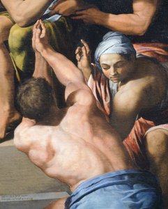 Mies ylävartalollaan alaston, yksityiskohta Adoration of the Childistä tekijältä Pellegrino Tibaldi