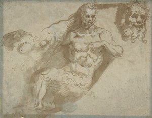 Istuva satyri, suurennettu pää samasta peräsuorasta, naisen pää, 1527-96. tekijältä Pellegrino Tibaldi