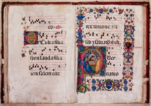 Piccolomini-kirjasto: kuorokirja, turska. 102,8, ff. 47v-48r kanssa "Nativity", kirjoittanut Pellegrino di Mariano.