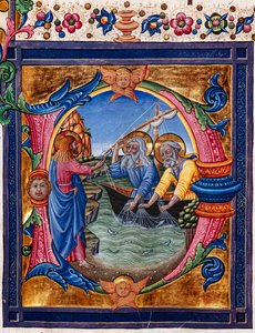 Piccolomini-kirjasto: kuorokirja, turska. 11.M, ff. 4r "Pyhän Pietarin ja Pyhän Andreaksen kutsuminen", kirjoittanut Pellegrino di Mariano. Yksityiskohta.