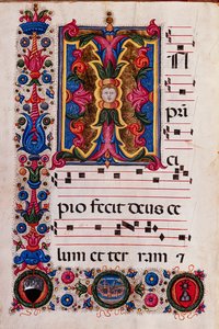 Piccolomini-kirjasto: Kuorokirja, cod. 5.E, ff. 4v ja "Foliated Initial", kirjoittanut Pellegrino di Mariano.