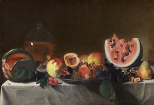 Asetelma hedelmillä ja karahvilla, c. 16101620. tekijältä Pensionante del Saraceni