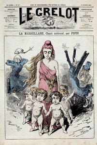 Yksi "kellosta", joka edustaa kansallislaulun "" La Marseillaise"" allegoriaa, joka etenee, kun aateliset tukkivat korvansa paetessaan. Kuvitus Pepin. 10.2.1878. Yksityinen kokoelma